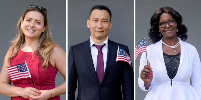 Triptych of New U.S. citizens Irina Lupu, from Moldova, Rustam Budaichiev, from Kyrgyzstan and Verna Guadalupe, from Jamaica posing for photos with the flag