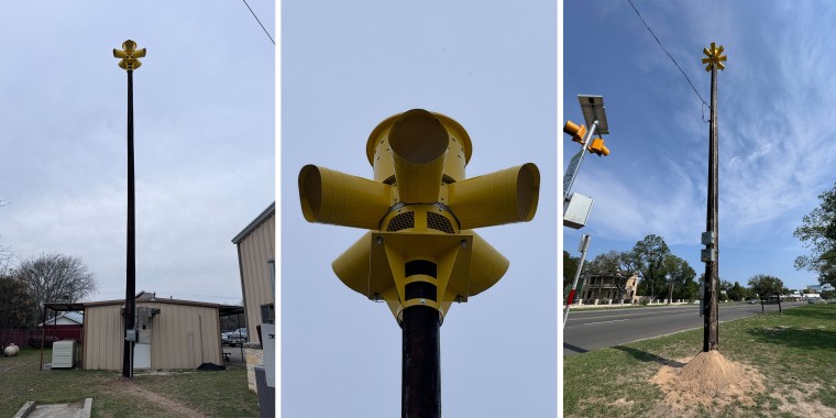 A triptych showing siren at the Comfort Volunteer Fire Department headquarters and siren installed in a park near Cypress Creek.