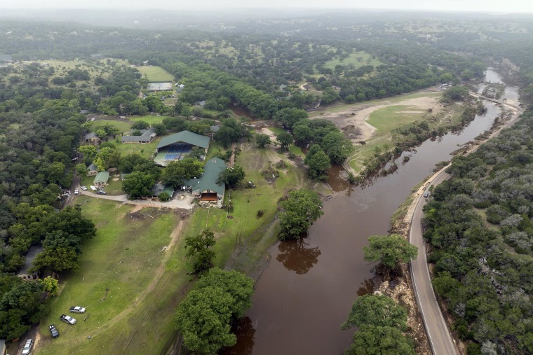 An aerial view of Camp Mystic on the banks of the Guadalupe River on Monday morning, July 7, 2025.