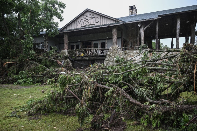 Downed trees and debris at Camp Mystic in Hunt, Texas, on July 5, 2025. 