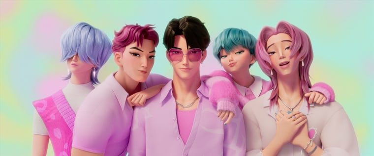 Five digitally animated men wearing pink and posing next to one another