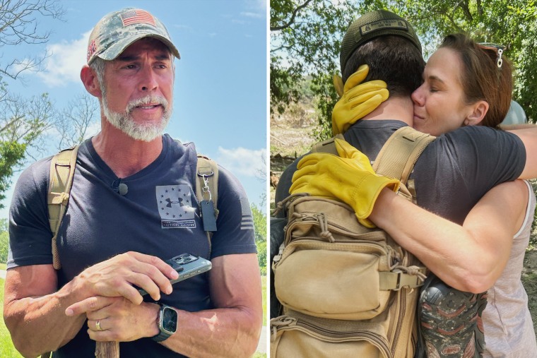 Robert Brake Jr., left, and his wife, Jennifer, right, came to town to help search for his parents.