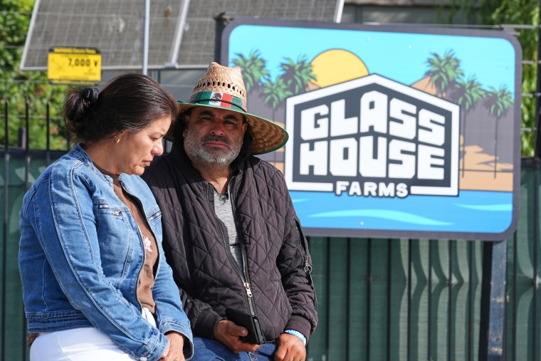 Juan Duran and his wife outside of Glass House Farms in Camarillo, Calif., on Friday, a day after a relative was injured during an immigration raid.