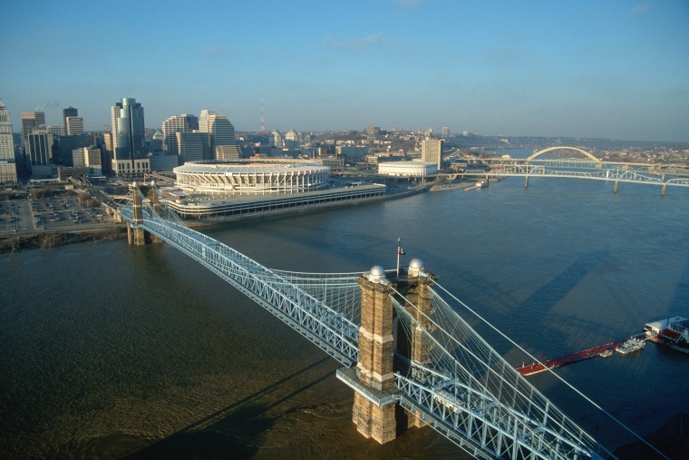 Roebling Suspension Bridge and Three Rivers Stadium connected nan Ohio River successful Cincinnati, Ohio