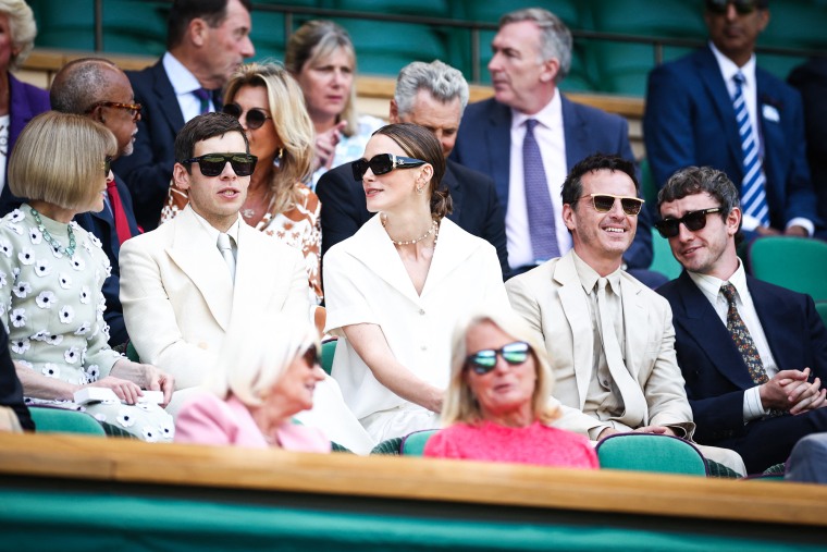 From left, seated in the stands outside, Anna Wintour, musician James Righton, actress Keira Knightley, actor Andrew Scott, and actor Paul Mescal.