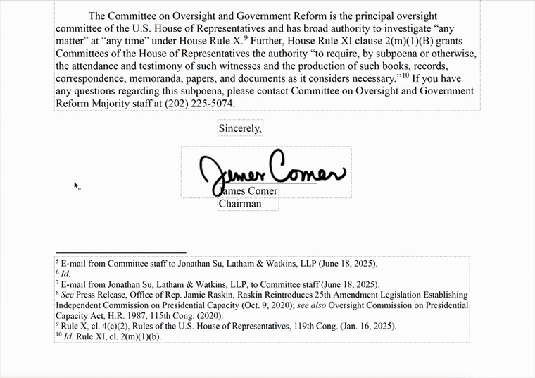 Comer's signature is recognized as an image in the subpoena cover letter sent to Anthony Bernal.