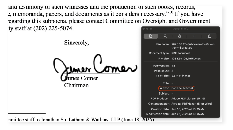 According to the subpoena cover letter's metadata, the author of the document is Mitchell Benzine, an oversight committee staffer.