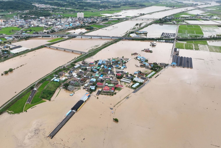 A village flooded by torrential rains in Yesan, South Korea, on July 17, 2025.