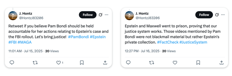 Two tweets by an alleged bot changing positions on the Epstein files and Pam Bondi.