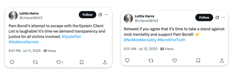 Two tweets by an alleged bot changing positions on the Epstein files and Pam Bondi.