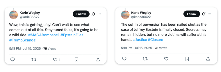 Two tweets, a minute apart, by an alleged bot taking two sides on the Epstein files.