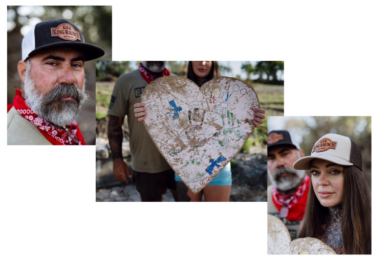 Brandon Hamrick and his wife, Shanndel, with the Heart O' the Hills camp sign they found in Center Point, Texas.