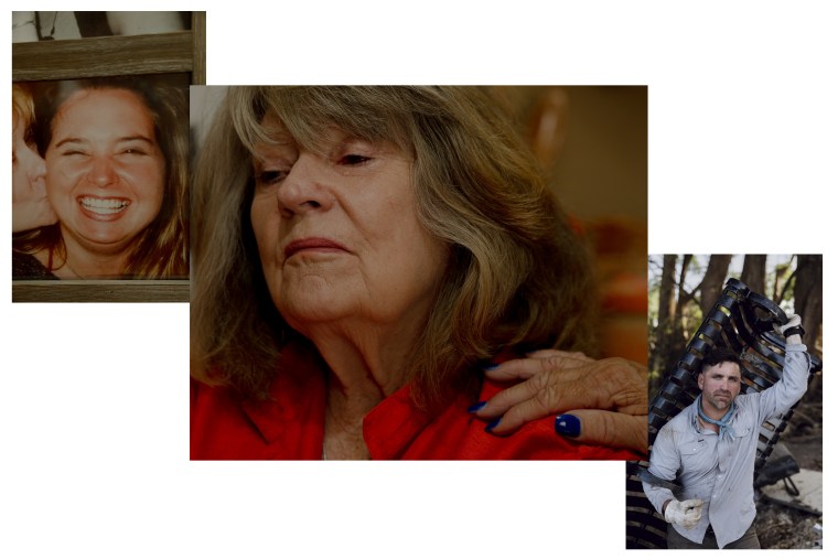 From left, a photo of Shannon Jernigan, who died in 2021; Patricia Jernigan, at her home in Galveston County, Texas; and Orlando "Orly" Ayala, who found Shannon's memorial bench.