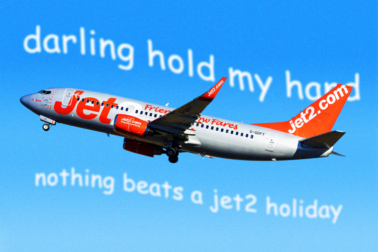 A Jet2 airplane in the sky with cloud-like text reading 