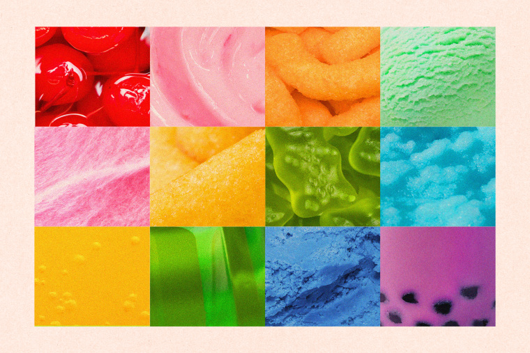Macro shots of processed foods with dyes, such as ice cream, candy, soda, chips, and other snacks.