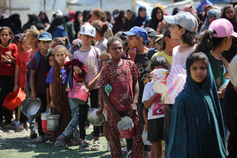 Palestinians wait in line for food 