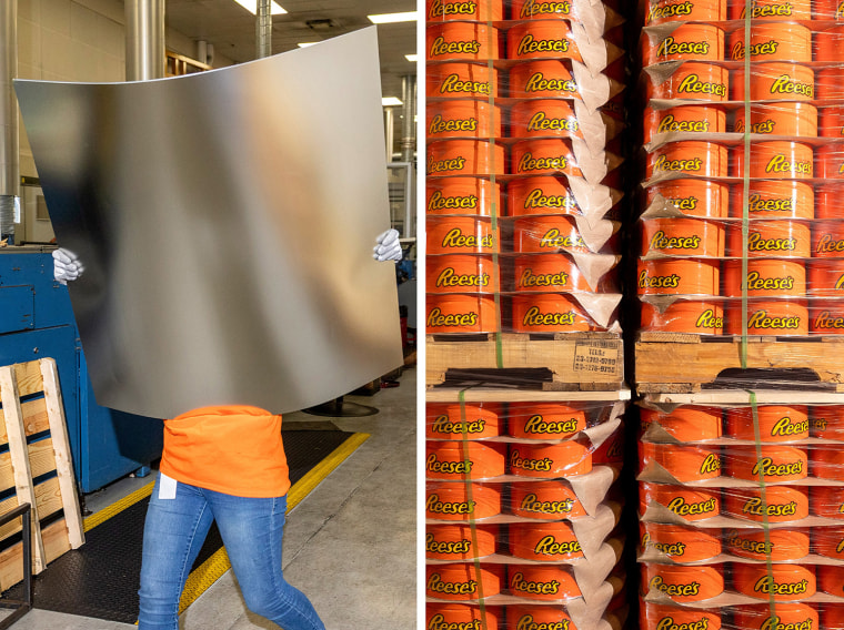 Evelin Guzman moves sheets of steel to a printing press on Friday, July 18, 2025 in Belcamp, MD at Independent Can Company.