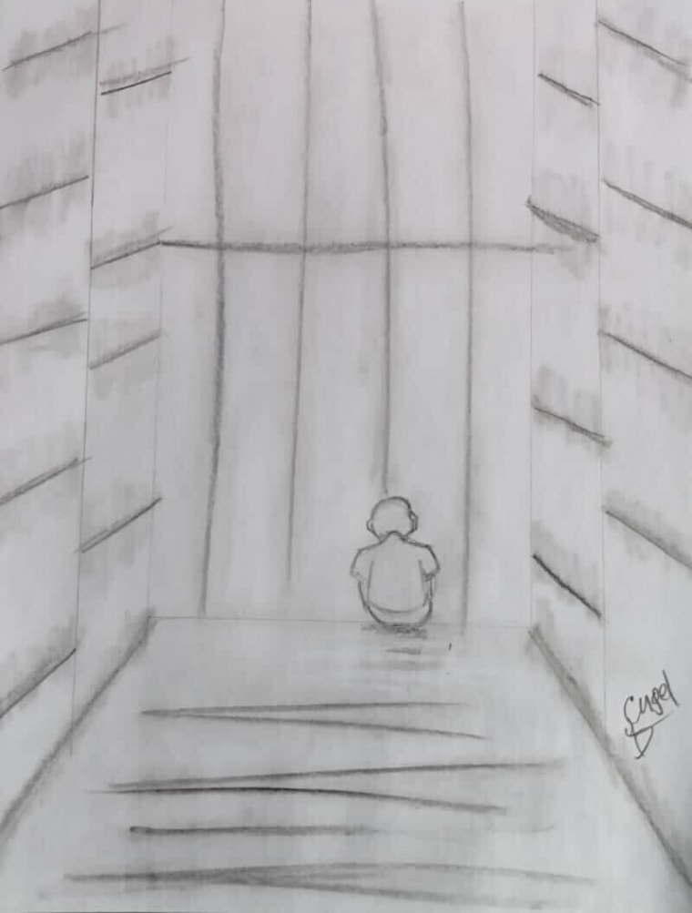 A drawing of a person sitting on the floor in a jail cell against the metal bars, back is facing the viewer