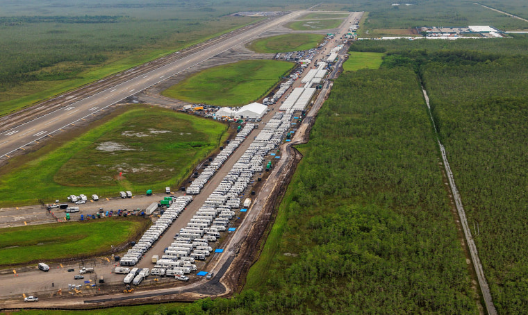 Aerial view of structures at the recently opened migrant detention center, "Alligator Alcatraz,"