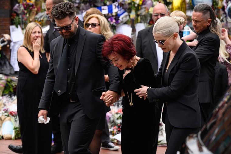 Jack, Sharon and Kelly Osbourne leave after viewing tributes to the late Ozzy Osbourne