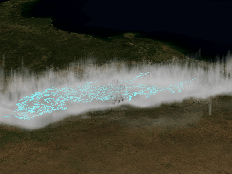 Visualization of a megaflash that extended 515 miles created from data provided by NASA and NOAA.