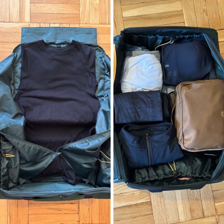 Two side-by-side photos of the Halfday Carry-On Garment Roller, both empty and full.