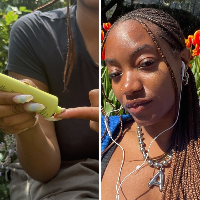 Morris squeezing a dollop of the Herbivore Star Seed sunscreen onto her finger in front of a green, leafy background. Right: Morris wearing the Herbivore Star Seed sunscreen in front of a background of greenery and flowers.
