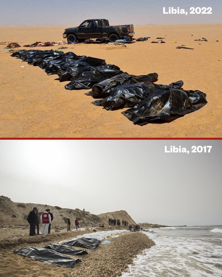 Las fotos originales que muestran bolsas con cadáveres de migrantes fueron tomadas en Libia, África en distintos años.