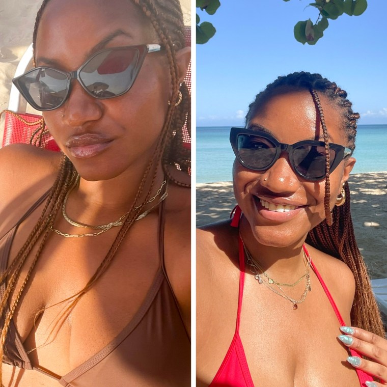 Two side by side images of Morris wearing the Prive Reveaux glasses while on the beach.