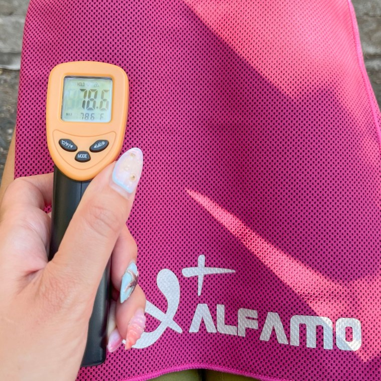Temperature of the Alfamo cooling towel on a 97.5 degree day.