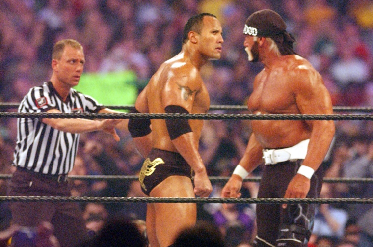 Dwyane "The Rock" Johnson and Hulk Hogan at Wrestlemania X8 in 2002.