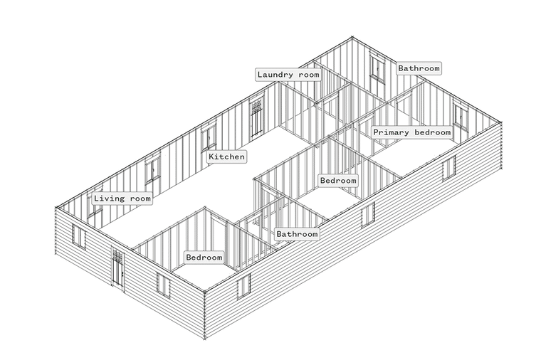 Gif of several stages of home construction, showing lumber, then weatherproofing, then interior ductwork, and finally outdoor landscaping.