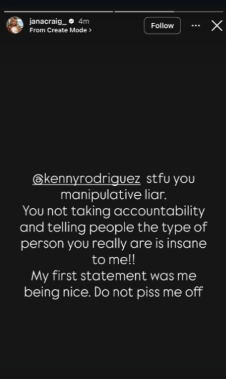 Jana Criag publicou uma segunda declaração sobre sua história no Instagram depois que Kenny Rodríguez quebrou seu silêncio. 