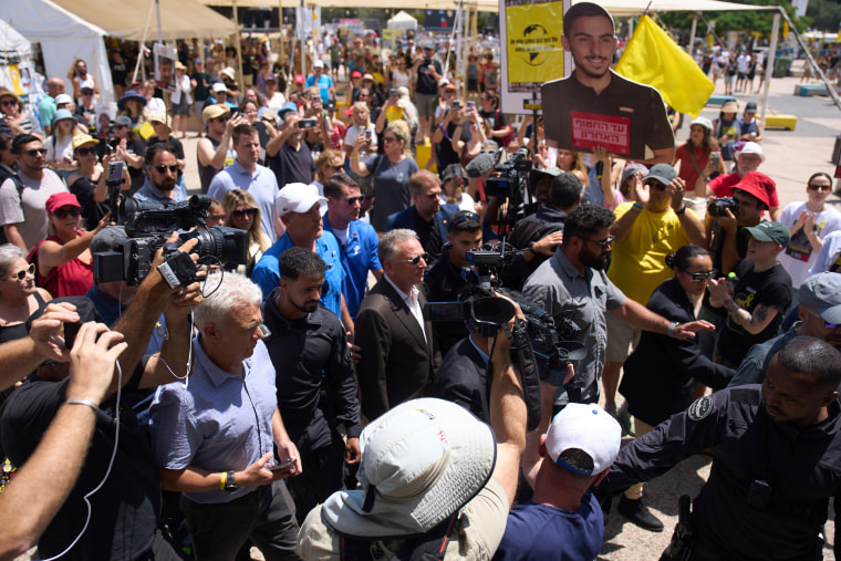 White House special envoy Steve Witkoff arrives Saturday at the plaza known as the hostages square in Tel Aviv to meet families of hostages held captive in the Gaza Strip.