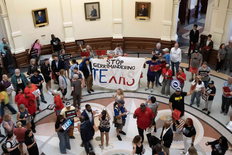 People at the Texas State Capitol during a public hearing on congressional redistricting in Austin, Texas, on Aug. 1, 2025.