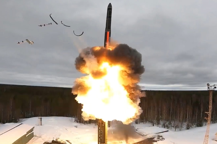 A Russian Yars intercontinental ballistic missile is test-fired from a launch pad in northwestern Russia in 2024