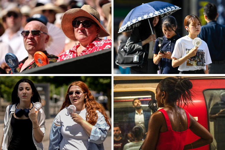 People carry portable fans in Wimbledon, Tokyo, Ankara, and London.