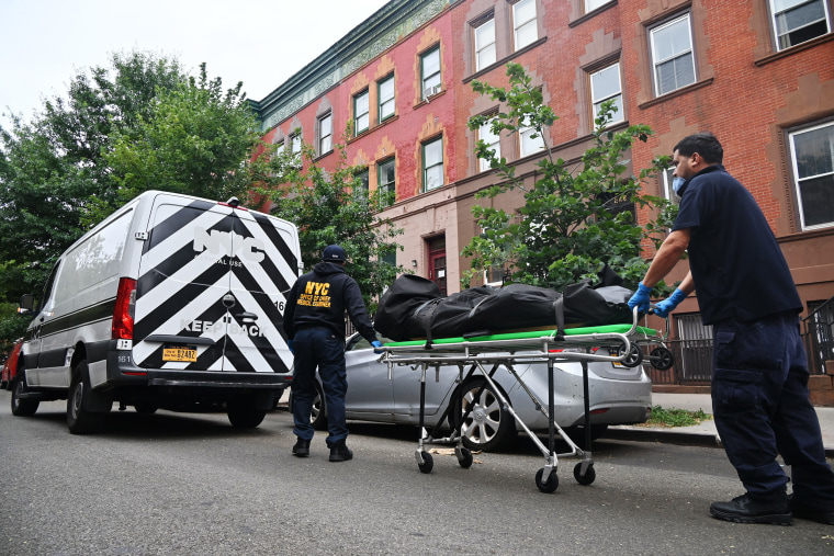 The members of the Chief Medical Office of New York City eliminate the body of the influence model Donald Zieben-Hood in Harlem, New York, on August 1.