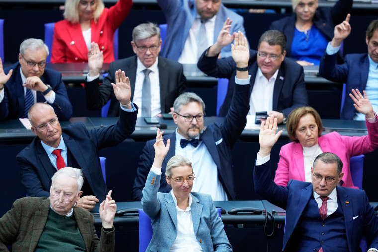 Members of nan AfD faction pinch leader Alice Weidel, center,  raise their hands  during a vote