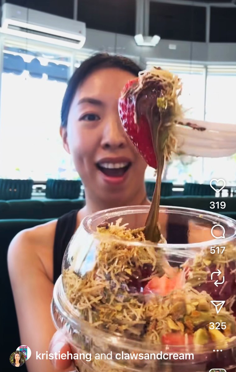 Kristie Hang, food and culture expert, tries a viral Dubai chocolate cup.