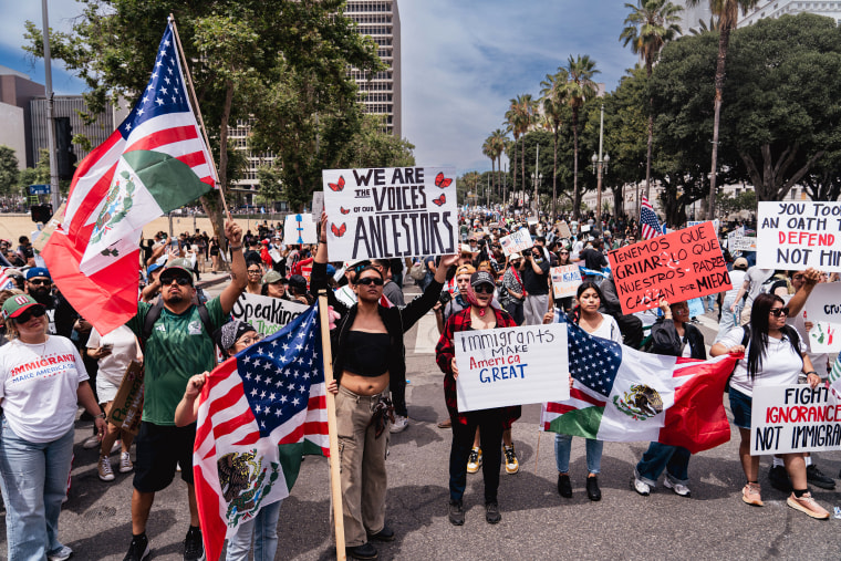 NO KINGS Immigration Protest shows all races protesting ICE raids of Trump Administration feature colorful signs in downtown Los Angeles, CA.