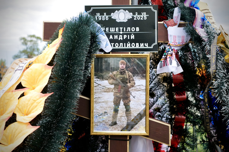 Andrei Reshetilov's funeral service on the southern outskirts of Kharkiv.