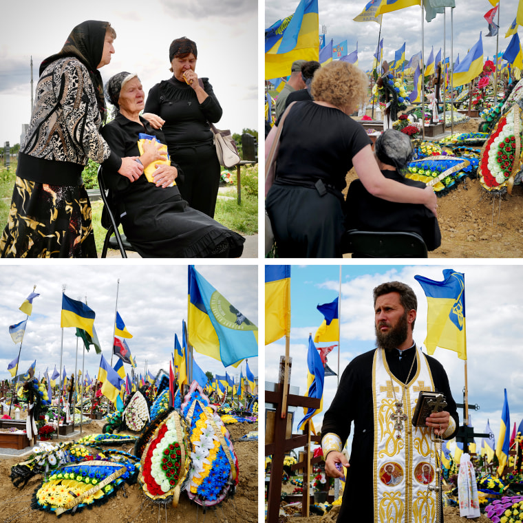 Ukrainian flags fly at the cemetery, on the southern outskirts of Kharkiv, marking the graves of soldiers killed in the war.