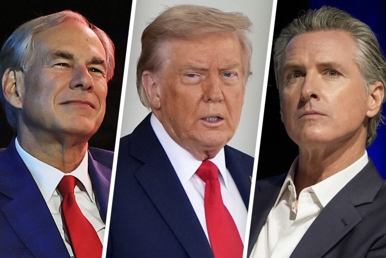 Texas Gov. Greg Abbott, President Donald Trump and California Gov. Gavin Newsom.