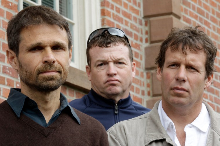 Brothers Bill Crane, center, and Tom Crane, right, with Steve Badt during a news conference outside the Morris County Courthouse, in Morristown, N.J., in 2012. Badt, a former student at Delbarton School, is one of two men who are joining a lawsuit initially filed by the Cranes against the Catholic school claiming they were sexually abused by clerics in the 1970s and '80s.