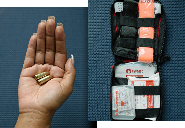 Bullets and a first aid kit that Hardy uses in demonstrations during "Stop the Bleed" classes she teaches to youth.