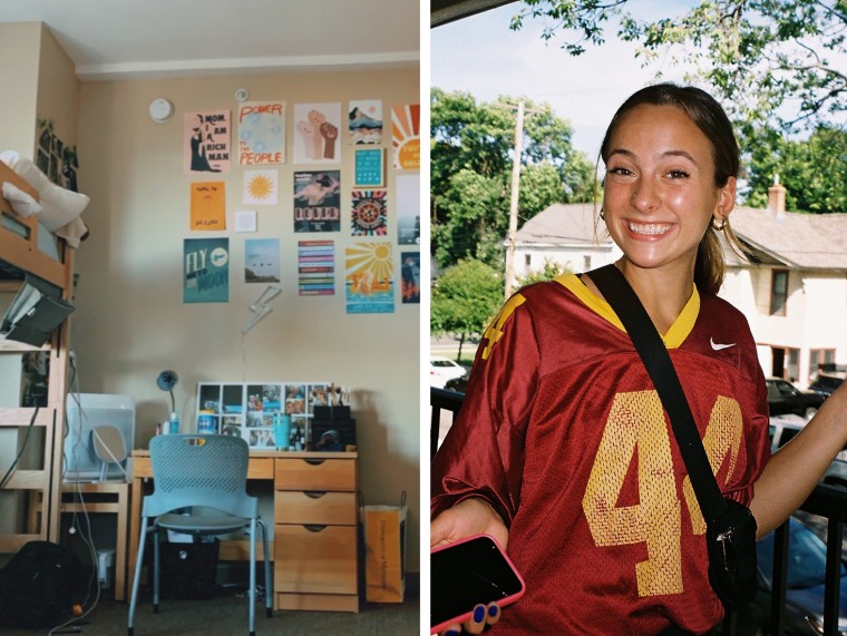 Mya Mendola and her dorm room at the University of Minnesota.