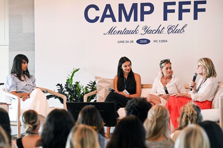 Anu Duggal, from left, Meghan Asha, Gwen Whiting and Kathleen King astatine nan Female Founders Fund Camp FFF Montauk astatine nan Montauk Yacht Club, successful Montauk, N.Y. successful June.