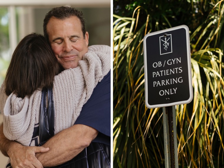 A side by side of Konsker hugging a patient and a sign in the parking lot that reads "OB/GYN Patients Parking Only"