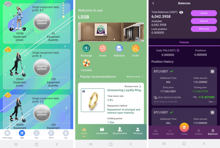 Screenshots from LSSC-affiliated platforms, provided by Oliver Mayson, offer a glimpse into how the scam operated.